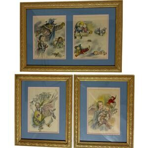 Vintage 60s Gold Frames Hand Drawn Nursery Wall Art Set of 3